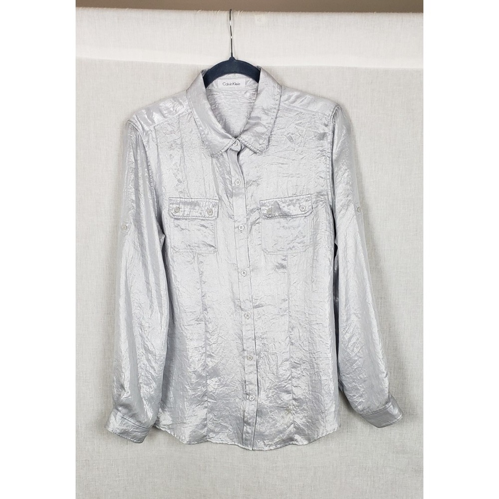 Womens Calvin Klein Metallic Silver‎ Shirt Top Blouse Button Front Holiday Party